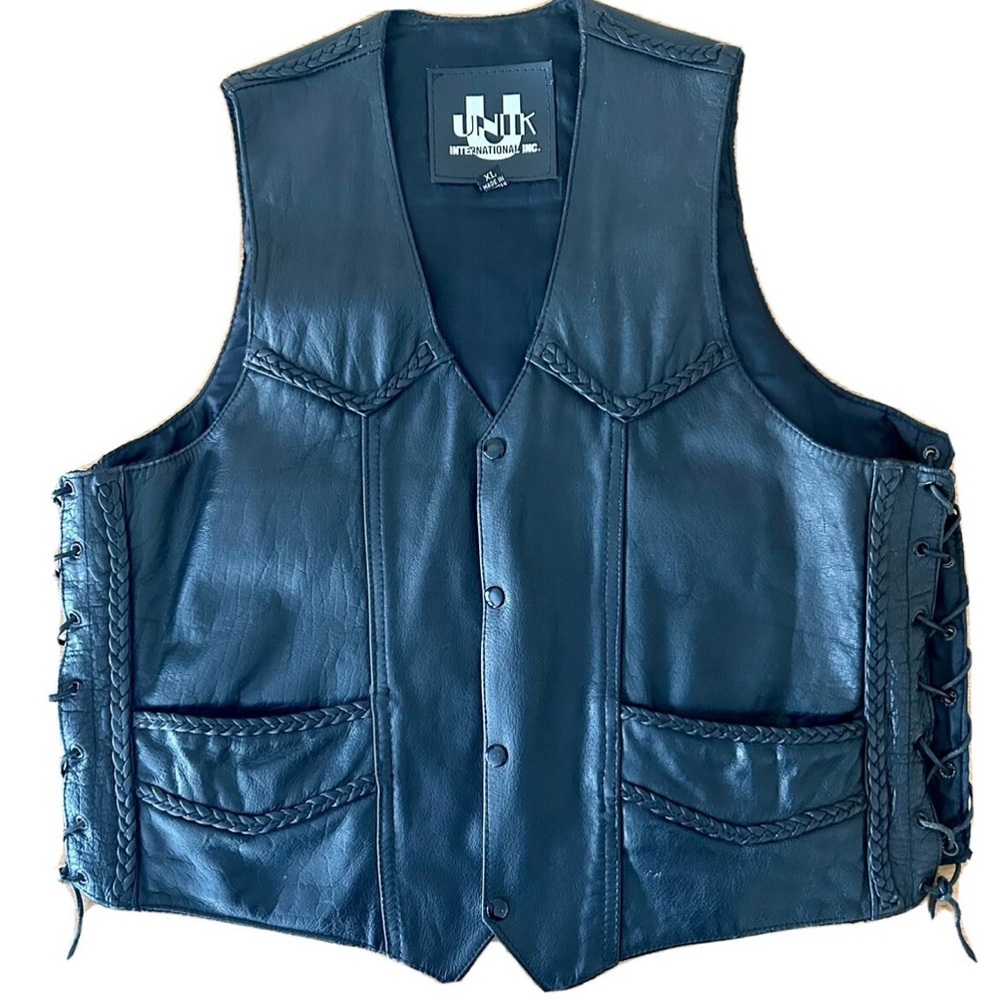 Unik Black Men Motorcycle Leather Vest Sz Large